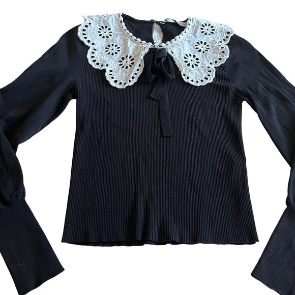 Zara black ribbed sweater with contrasting white embroidered collar size Small - Picture 6 of 10